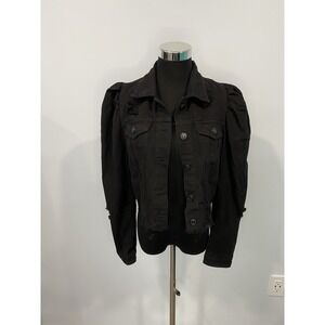 Large Black Jean Cropped Jacket Denim Blvd LA Button Up Distressed Y2K Retro‎